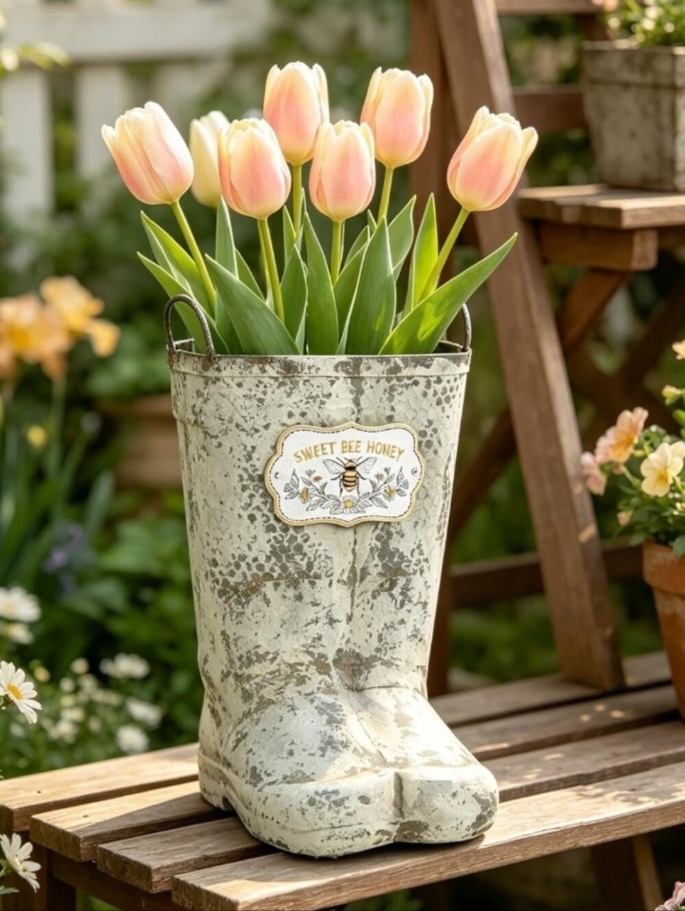 Vintage Metal Planters with Handle Distressed Decor Rustic Farmhouse Flower Pot